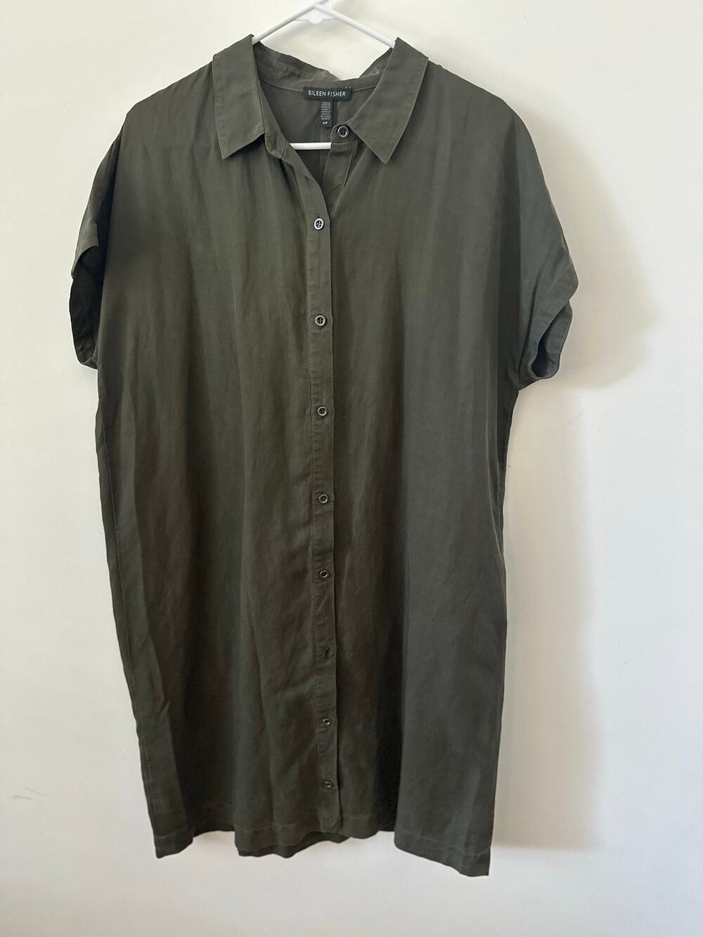 Eileen Fisher Button-Down Shirt Dress Women's Size SP Olive Green Short Sleeves